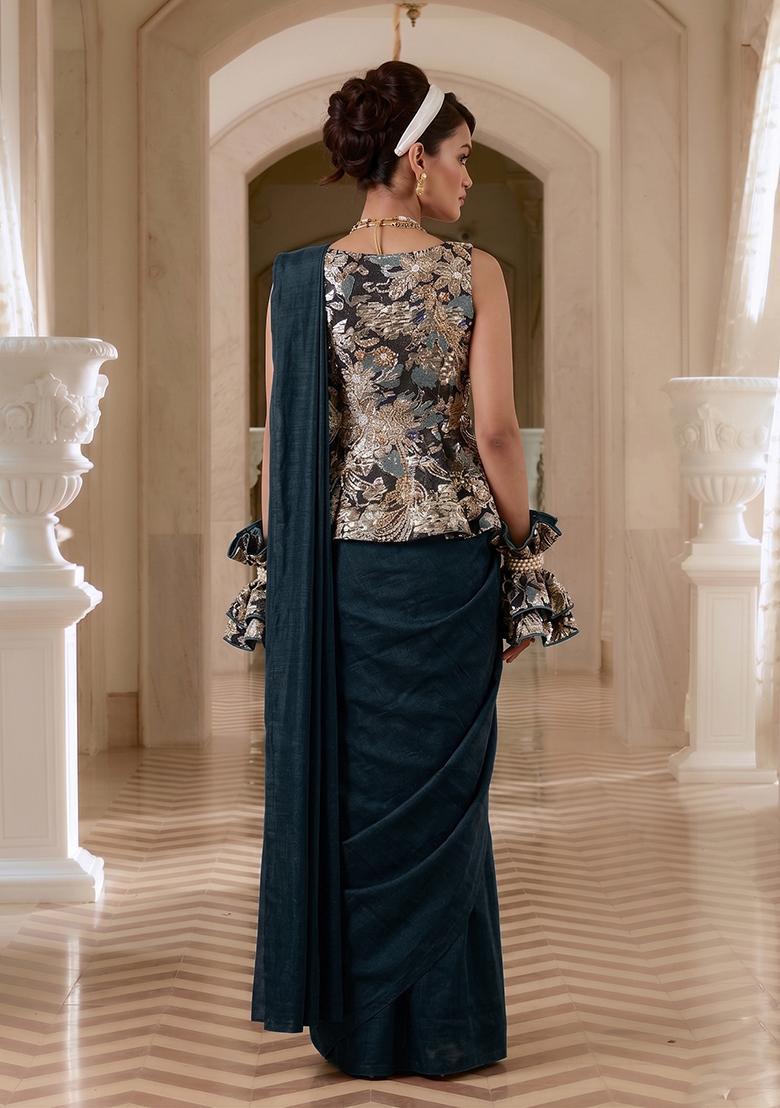 Teal Sequin Brocade Pre Draped Saree Set - Indya