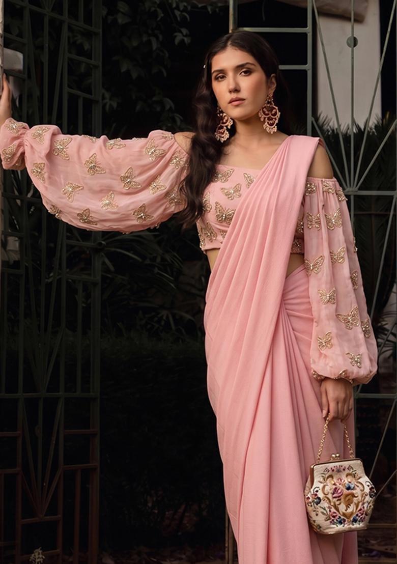 Pastel Pink Embroidered Organza Pre Draped Saree Set - Indya