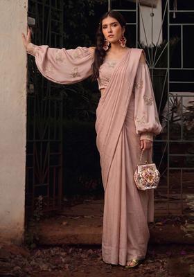 Soft Pink Embroidered Organza Pre Draped Saree Set