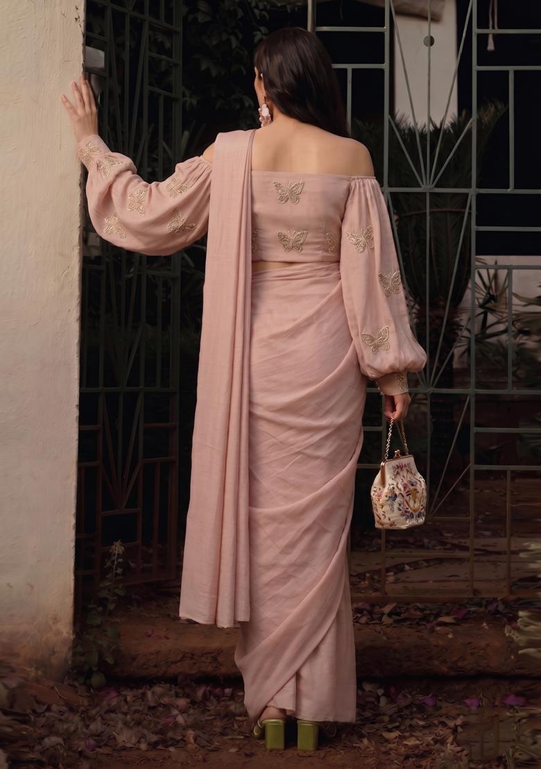 Soft Pink Embroidered Organza Pre Draped Saree Set - Indya