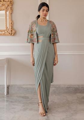 Grey Embroidered Organza Pre Draped Saree Set
