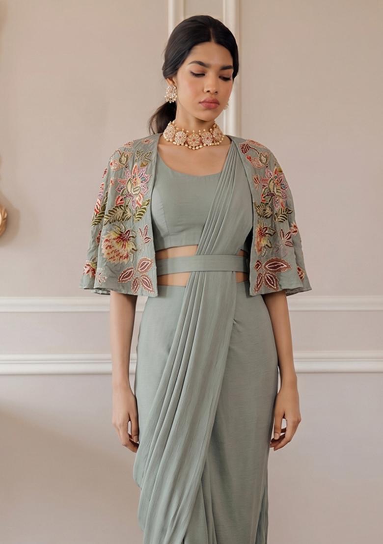 Grey Embroidered Organza Pre Draped Saree Set - Indya