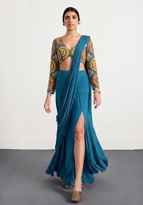 Teal Blue Printed Crepe Pre Draped Saree Set