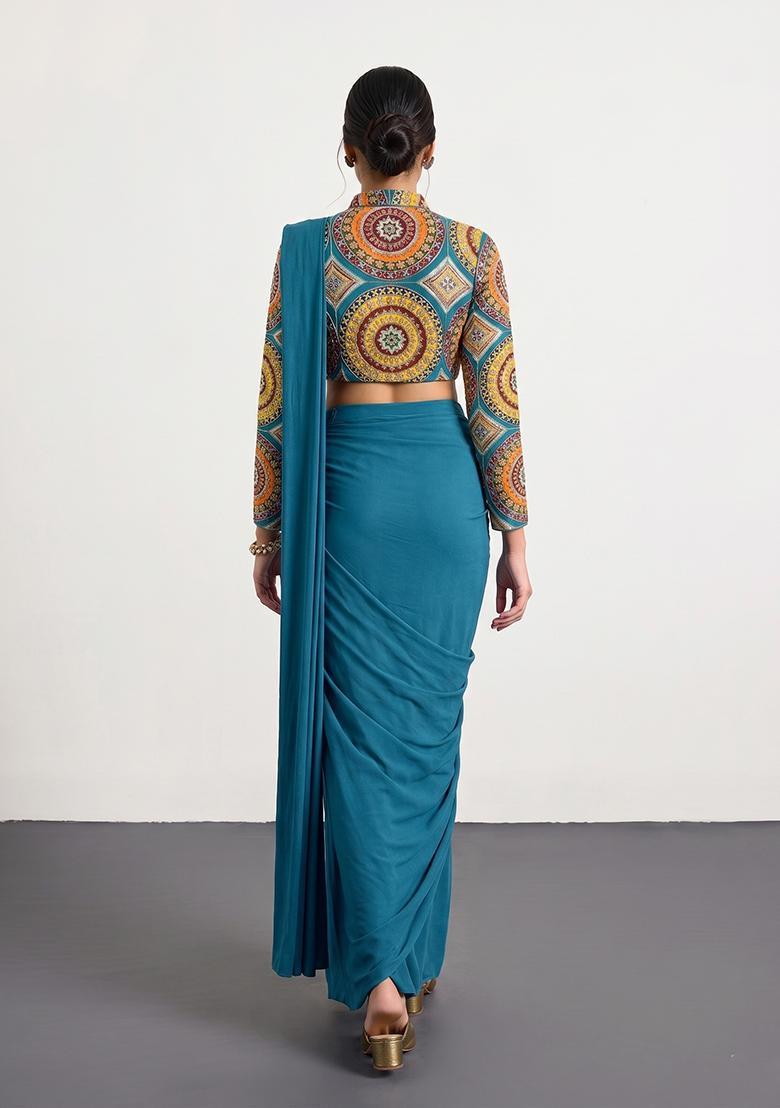 Teal Blue Printed Crepe Pre Draped Saree Set - Indya