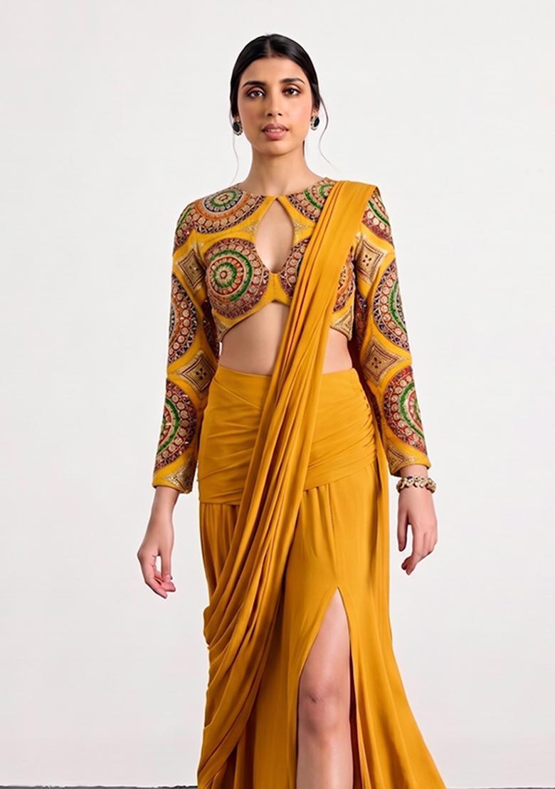 Mustard Printed Crepe Pre Draped Saree Set - Indya