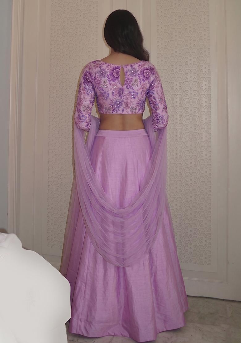 Lavender Printed Silk Blend Lehenga Set - Indya