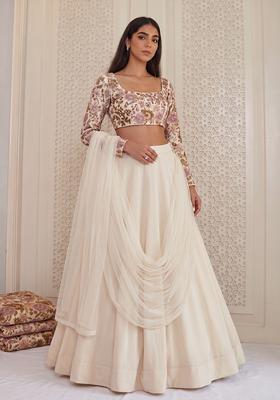 White Printed Silk Blend Lehenga Set