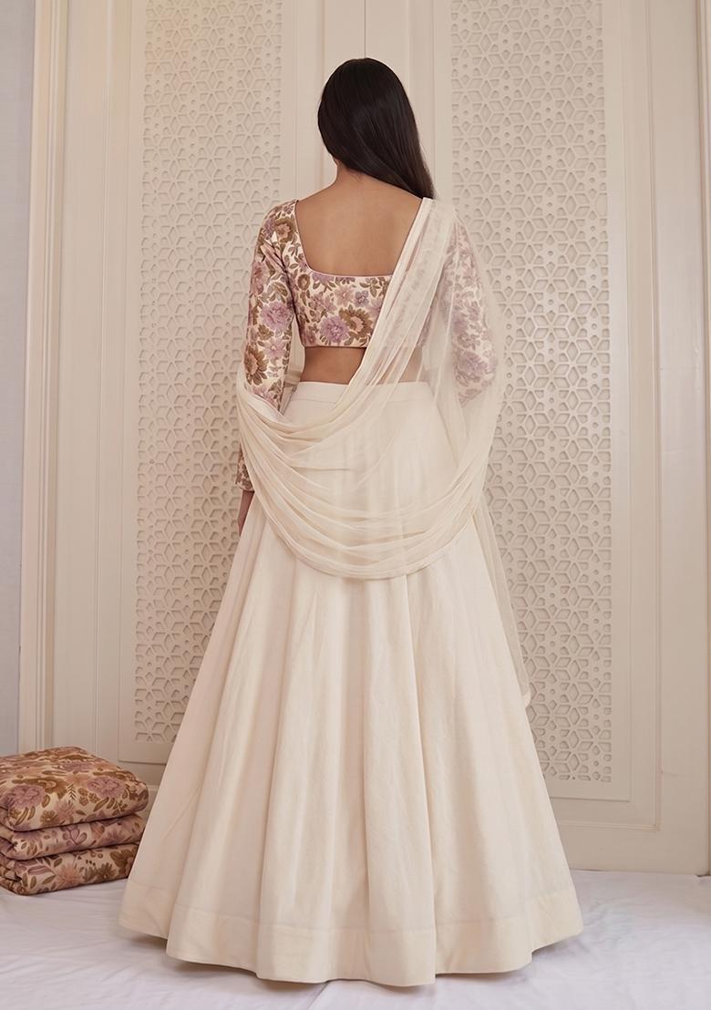 White Printed Silk Blend Lehenga Set - Indya