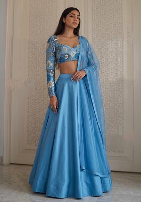 Dusty Blue Printed Silk Blend Lehenga Set