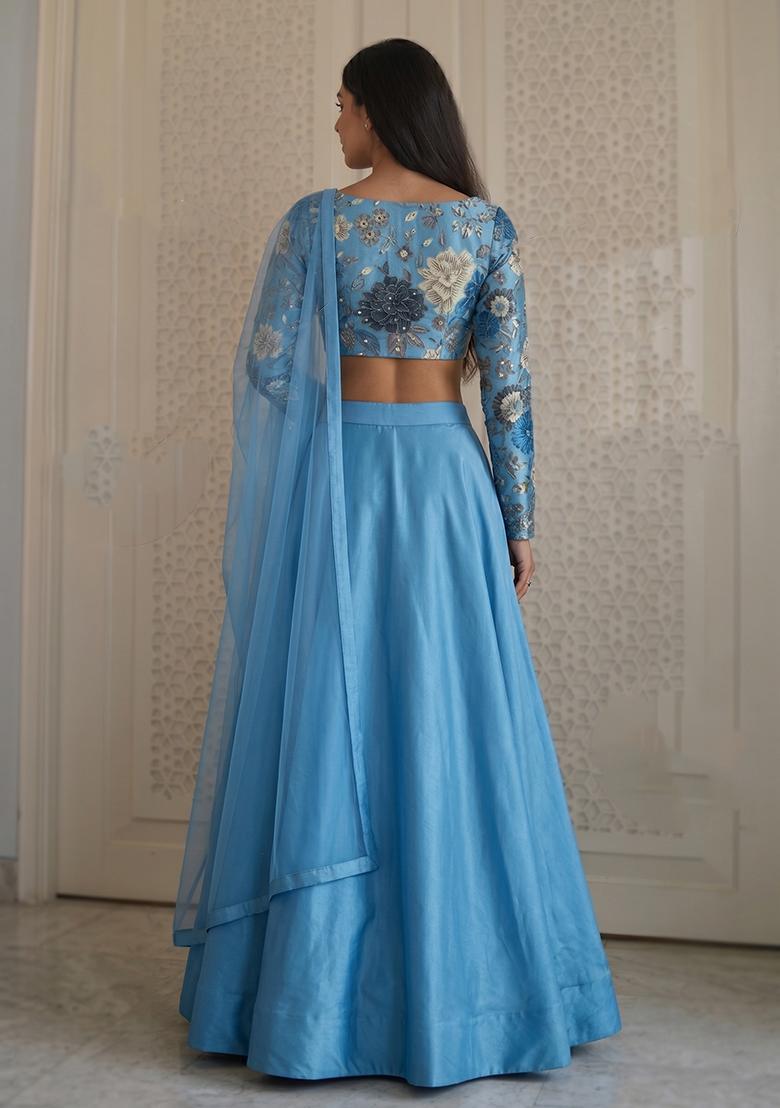 Dusty Blue Printed Silk Blend Lehenga Set - Indya