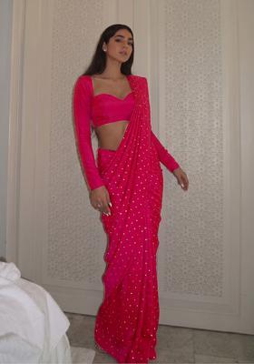 Magenta Sequin Silk Blend Pre Draped Saree Set