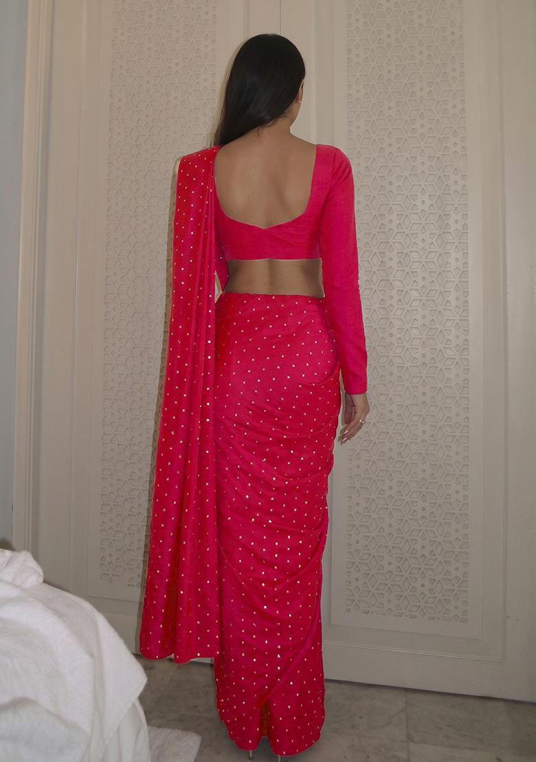 Magenta Sequin Silk Blend Pre Draped Saree Set - Indya