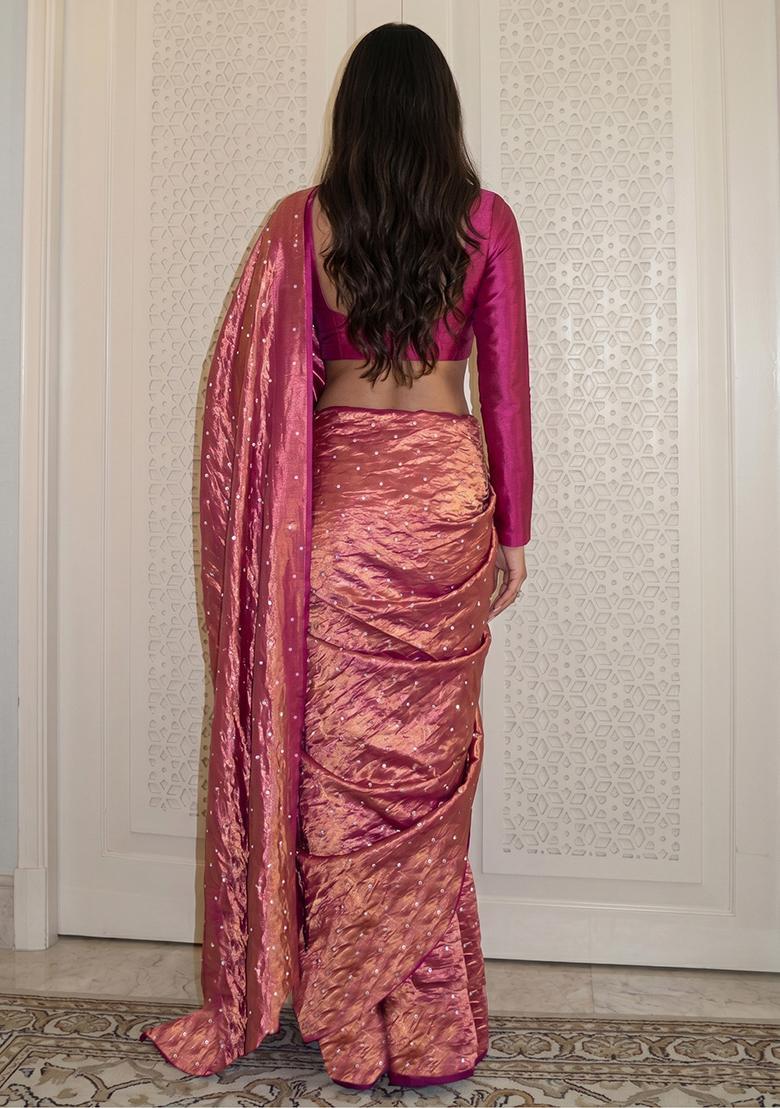 Magenta Sequin Silk Blend Pre Draped Saree Set - Indya