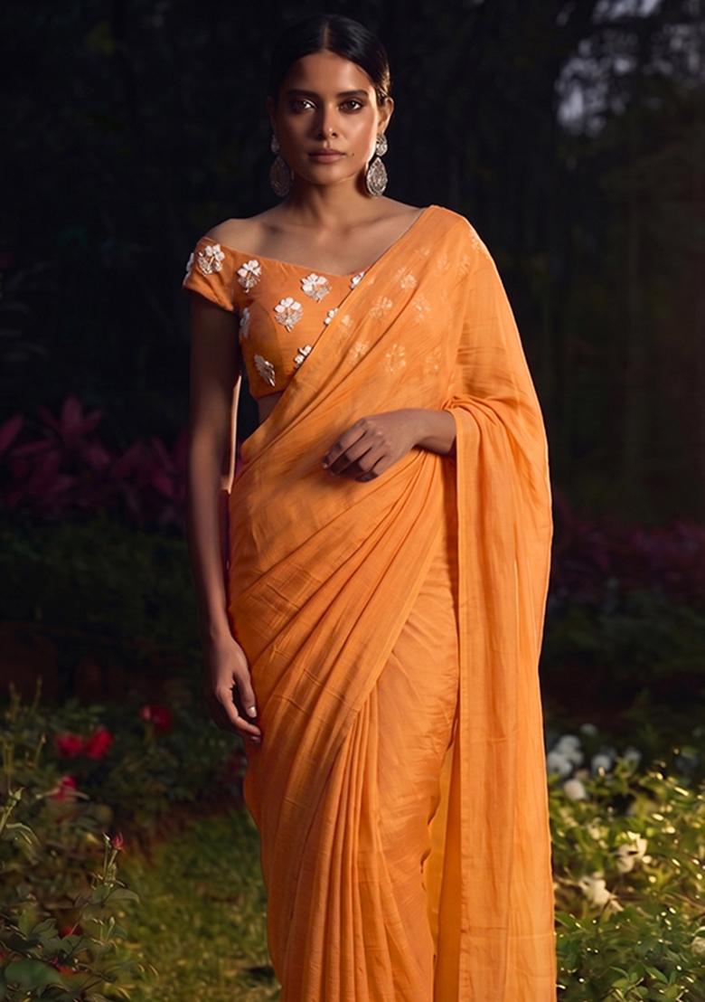 Rust Orange Embroidered Chanderi Pre Draped Saree Set - Indya