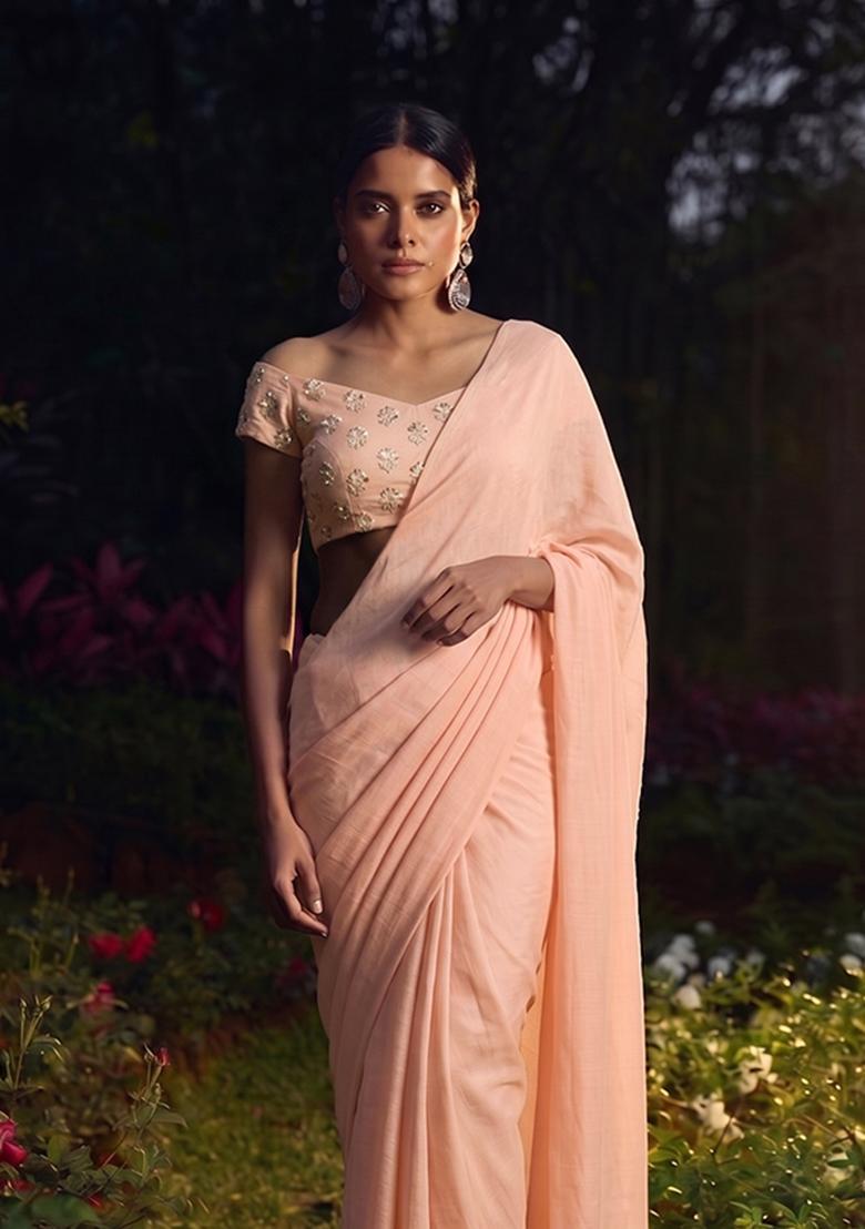 Soft Pink Embroidered Chanderi Pre Draped Saree Set - Indya