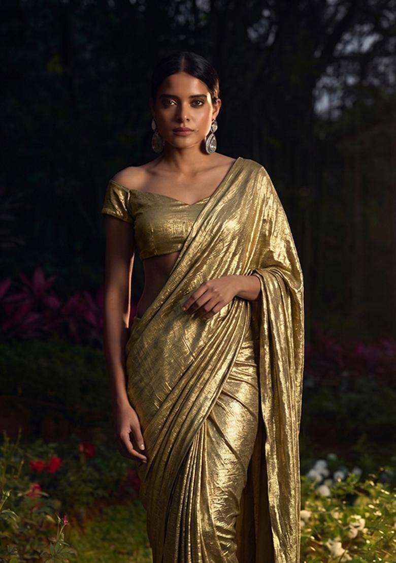 Gold Crinkled Crepe Pre Draped Saree Set - Indya