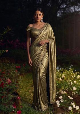 Metallic Gold Embroidered Crepe Pre Draped Saree Set