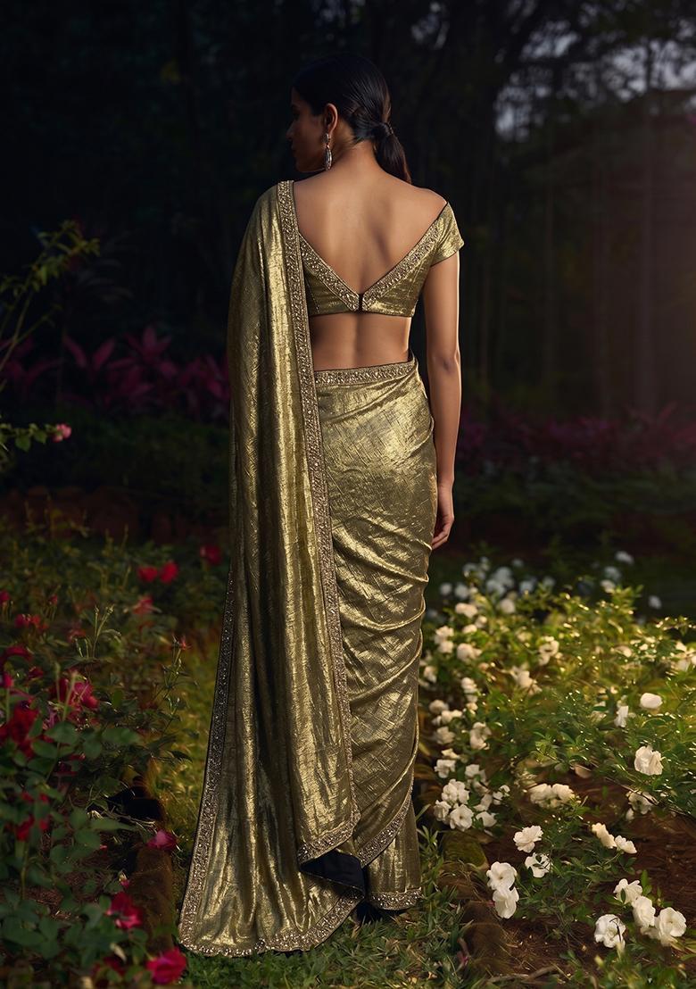 Metallic Gold Embroidered Crepe Pre Draped Saree Set - Indya