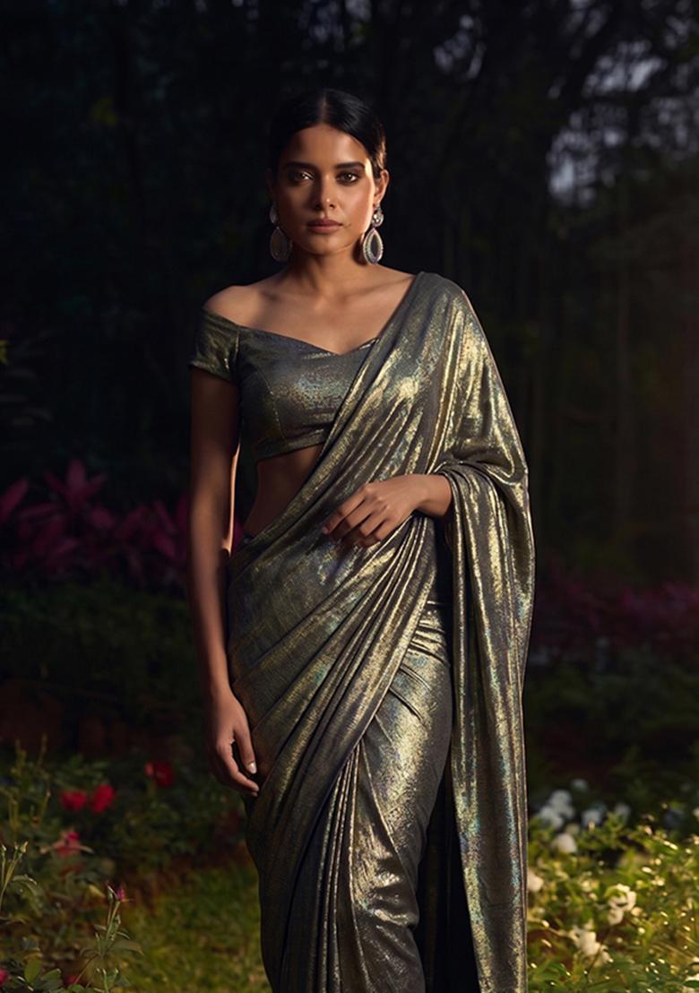 Metallic Grey Shimmer Crepe Pre Draped Saree Set - Indya