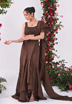 Chocolate Brown Sequin Net Pre Draped Saree Set