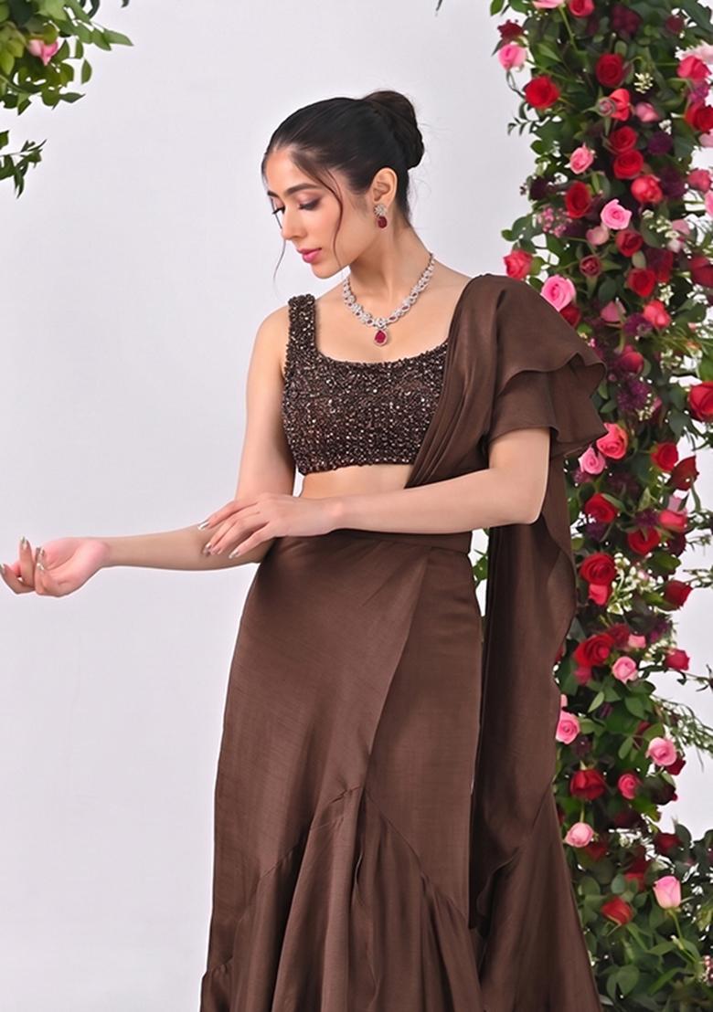 Chocolate Brown Sequin Net Pre Draped Saree Set - Indya