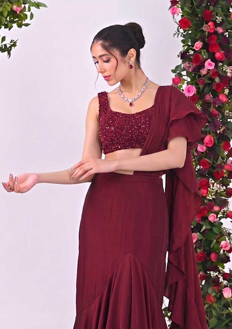 Maroon Sequin Net Pre Draped Saree Set - Indya