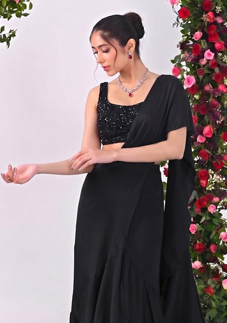 Jet Black Sequin Net Pre Draped Saree Set - Indya