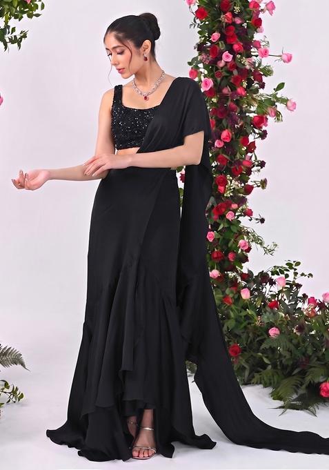 Jet Black Sequin Net Pre Draped Saree Set