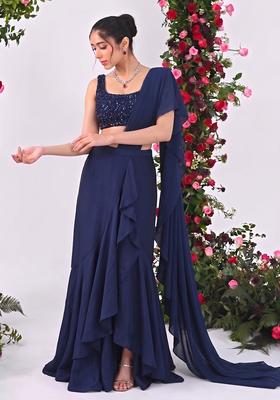 Navy Blue Sequin Net Pre Draped Saree Set