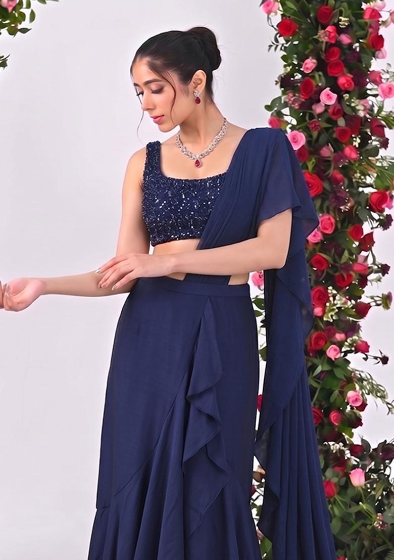 Navy Blue Sequin Net Pre Draped Saree Set - Indya