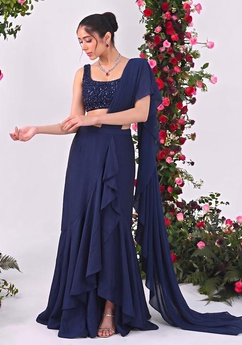 Navy Blue Sequin Net Pre Draped Saree Set