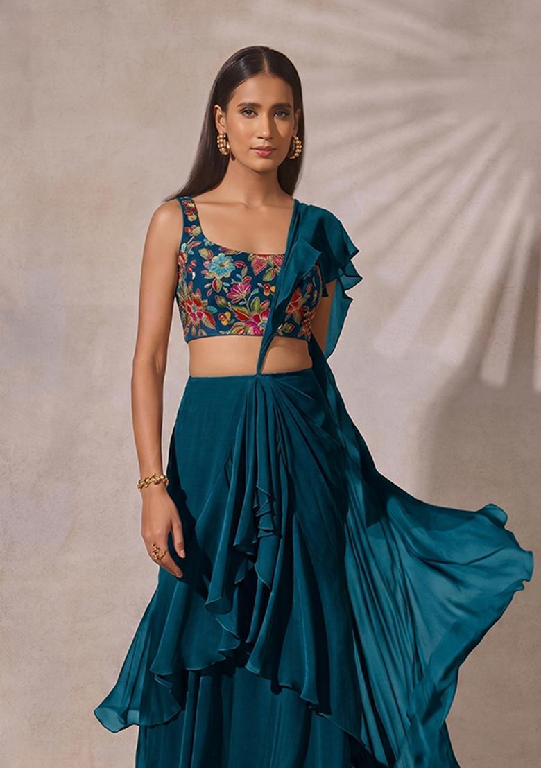 Teal Blue Printed Crepe Pre Draped Saree Set - Indya