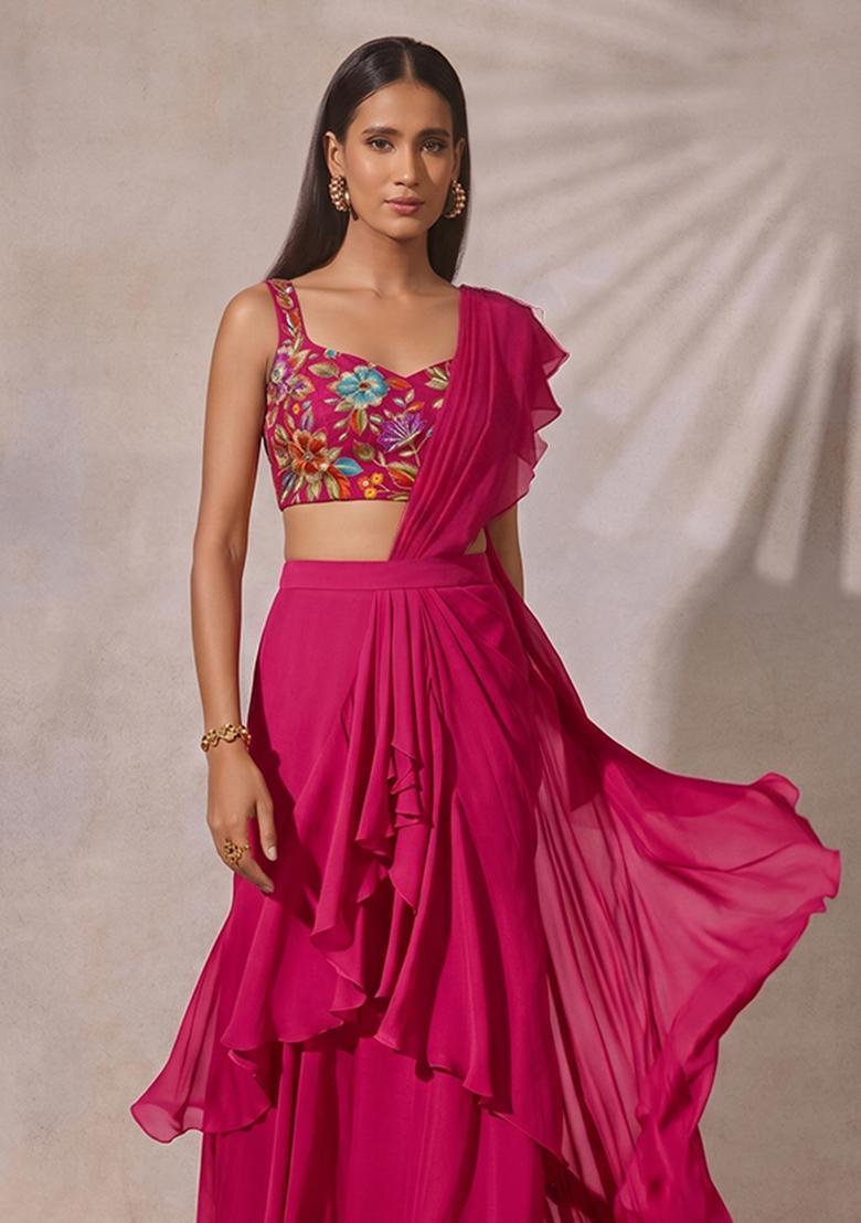 Fuchsia Pink Printed Crepe Pre Draped Saree Set - Indya