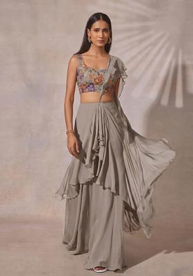 Grey Printed Crepe Pre Draped Saree Set