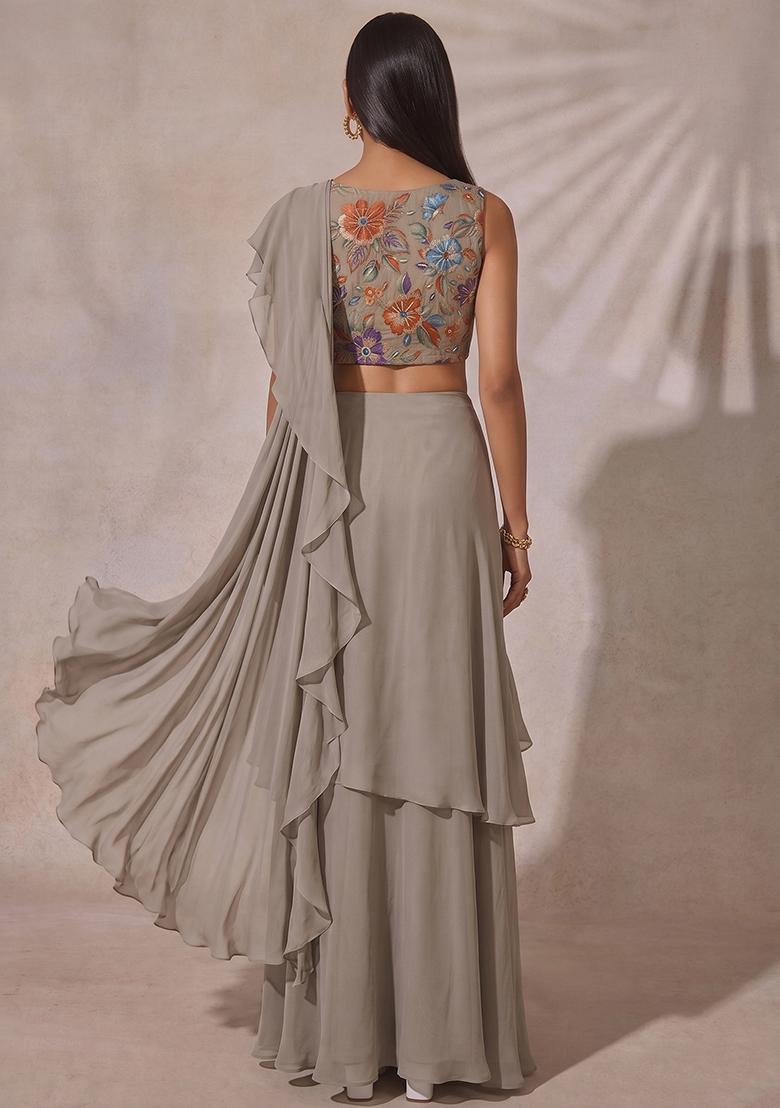 Grey Printed Crepe Pre Draped Saree Set - Indya