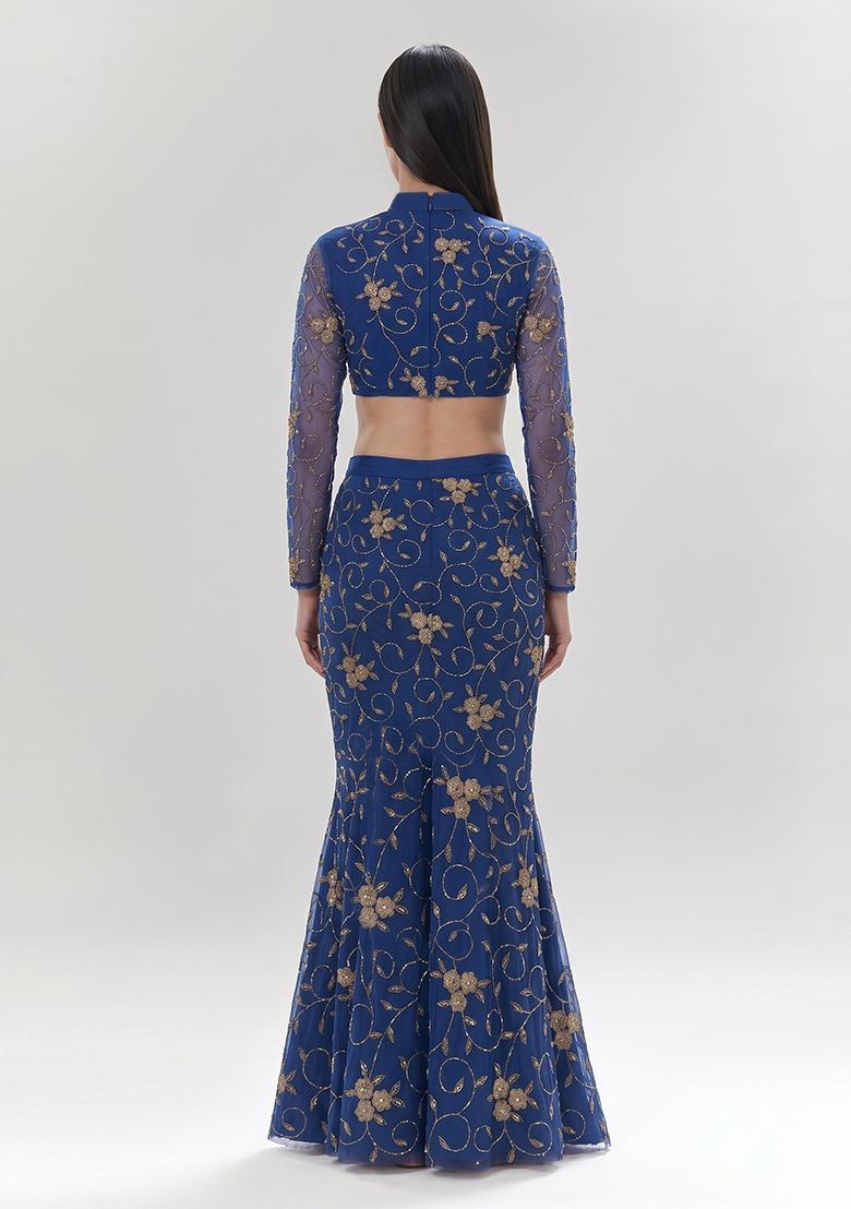 Royal Blue Embroidered Lehenga Set - Indya