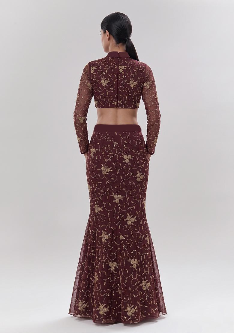Deep Brown Embroidered Lehenga Set - Indya