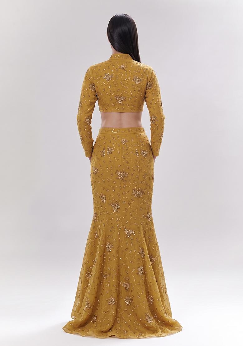 Mustard Yellow Embroidered Lehenga Set - Indya