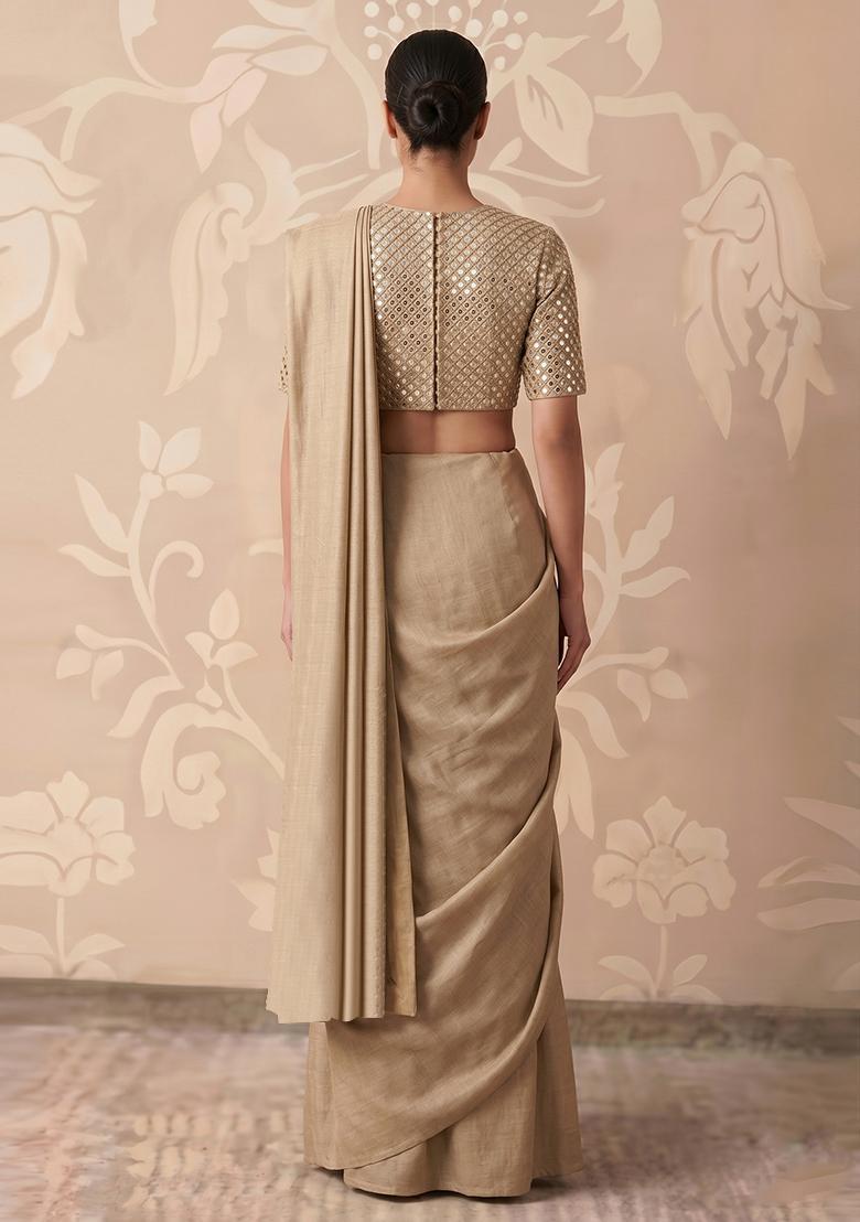 Beige Gold Mirror Work Pre Draped Saree Set - Indya