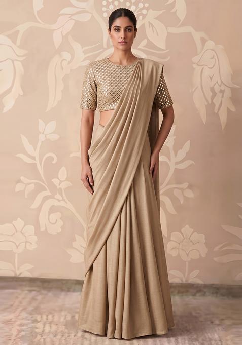 Beige Gold Mirror Work Pre Draped Saree Set