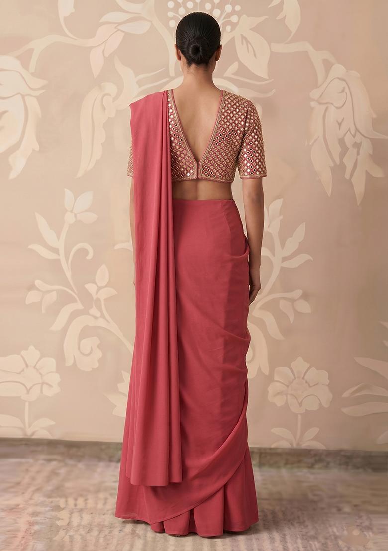 Pink Mirror Work Pre Draped Saree Set - Indya