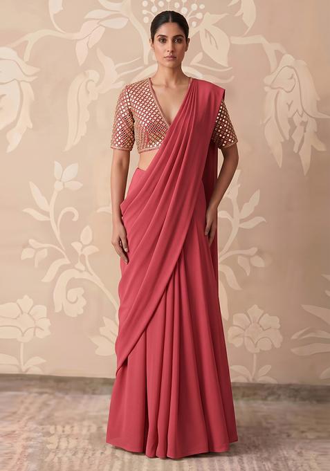 Pink Mirror Work Pre Draped Saree Set