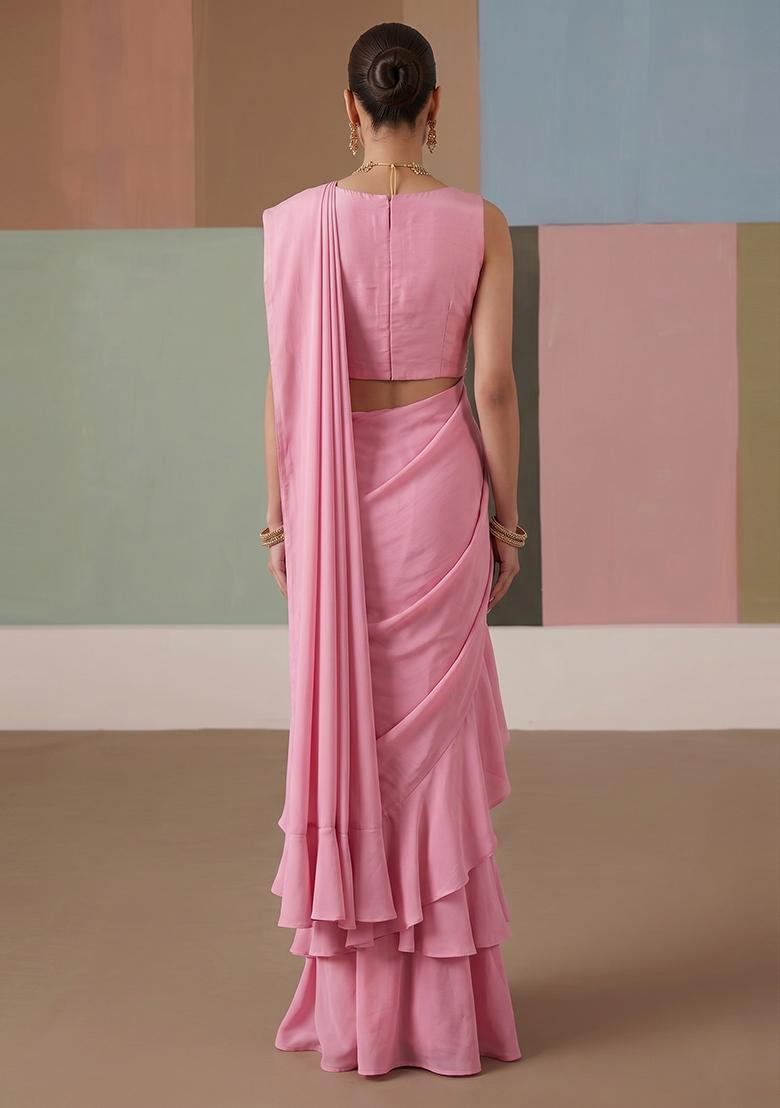 Pastel Pink Printed Organza Pre Draped Saree Set - Indya