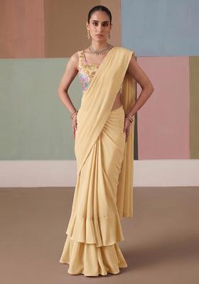 Beige Printed Organza Pre Draped Saree Set