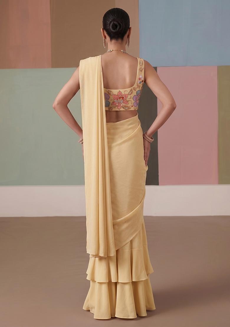 Beige Printed Organza Pre Draped Saree Set - Indya