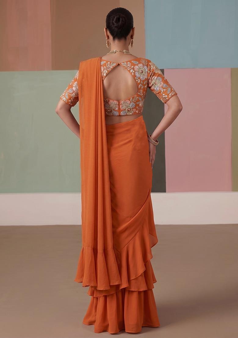 Rust Orange Printed Organza Pre Draped Saree Set - Indya