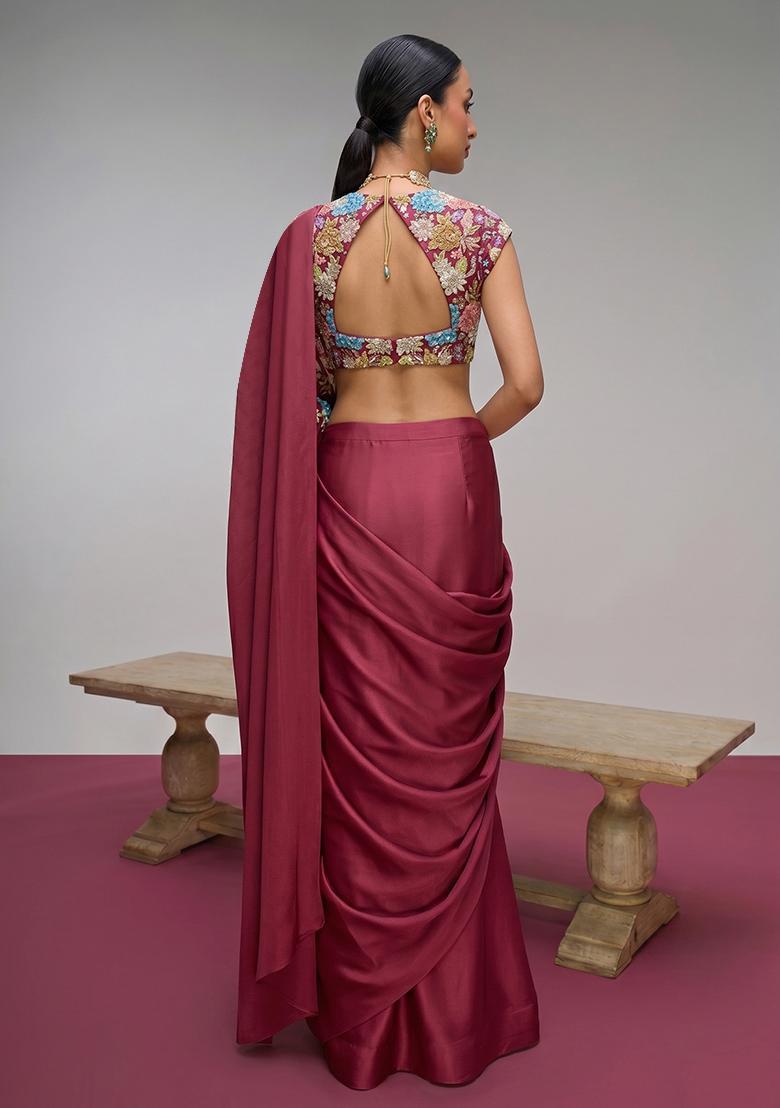 Deep Red Printed Crepe Pre Draped Saree Set - Indya