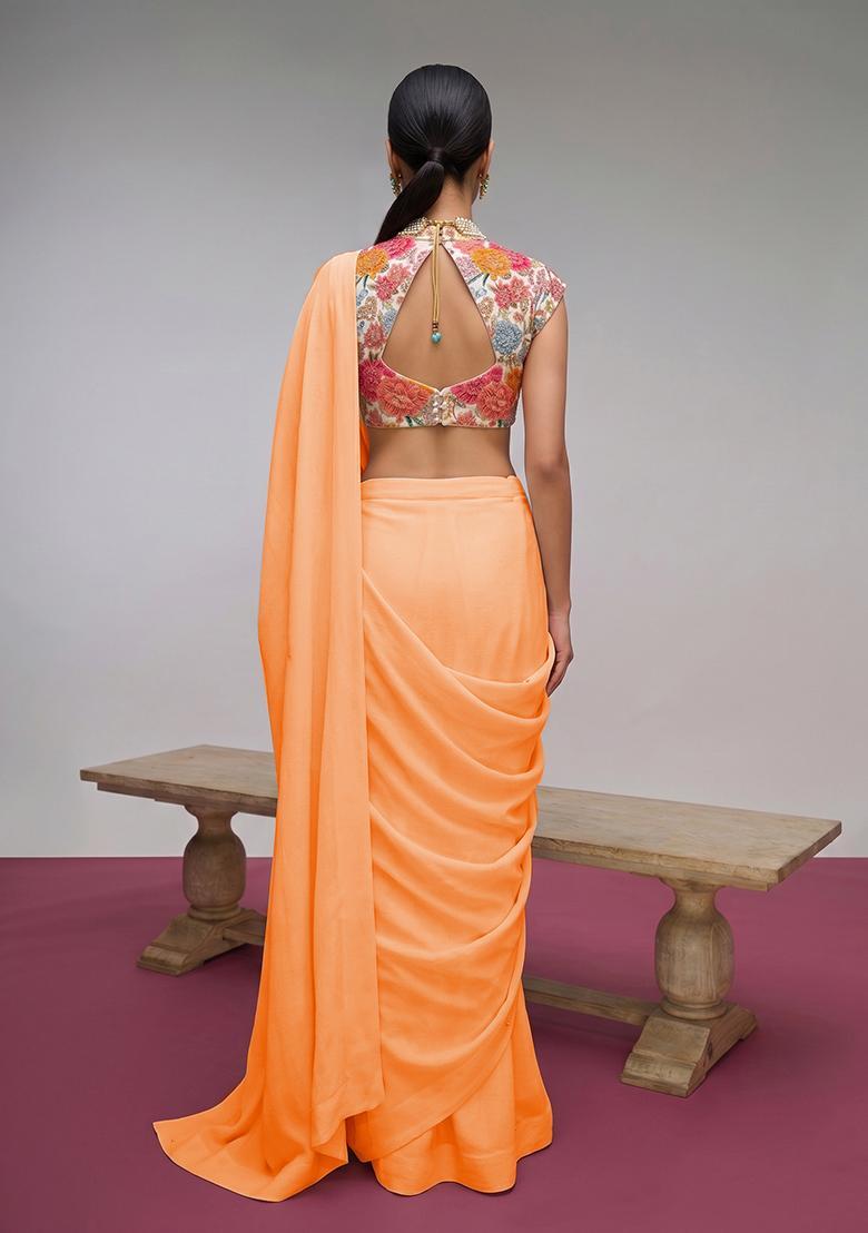 Coral Printed Crepe Pre Draped Saree Set - Indya