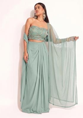 Mint Green Embroidered Organza Pre Draped Saree Set