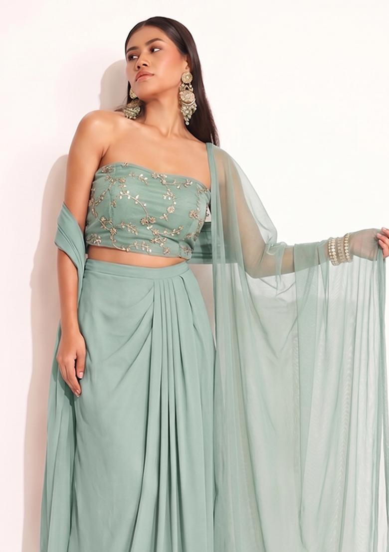 Mint Green Embroidered Organza Pre Draped Saree Set - Indya